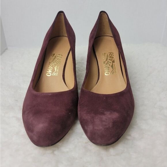 Salvatore Ferragamo Suede Pumps Burgundy Leather Trim Round Toe Stiletto Heels - Picture 2 of 9